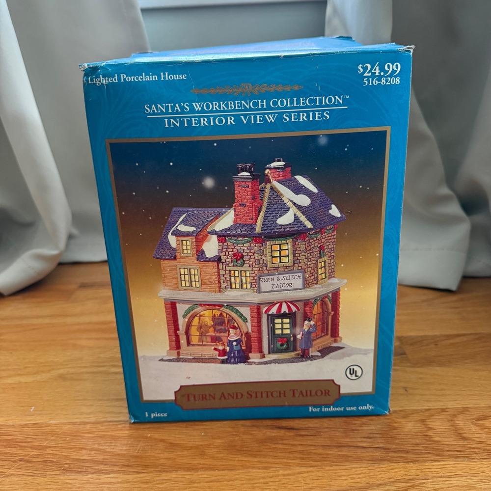 Santa's Workbench Turn & Stitch Tailor Lighted Porcelain Christmas Village 2000